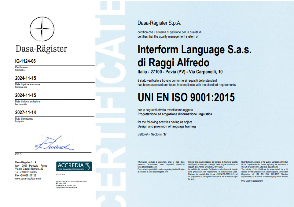 INTERFORM LANGUAGE è specializzata in formazione linguistica per le aziende. Certificazione UNI EN ISO 9001:2015